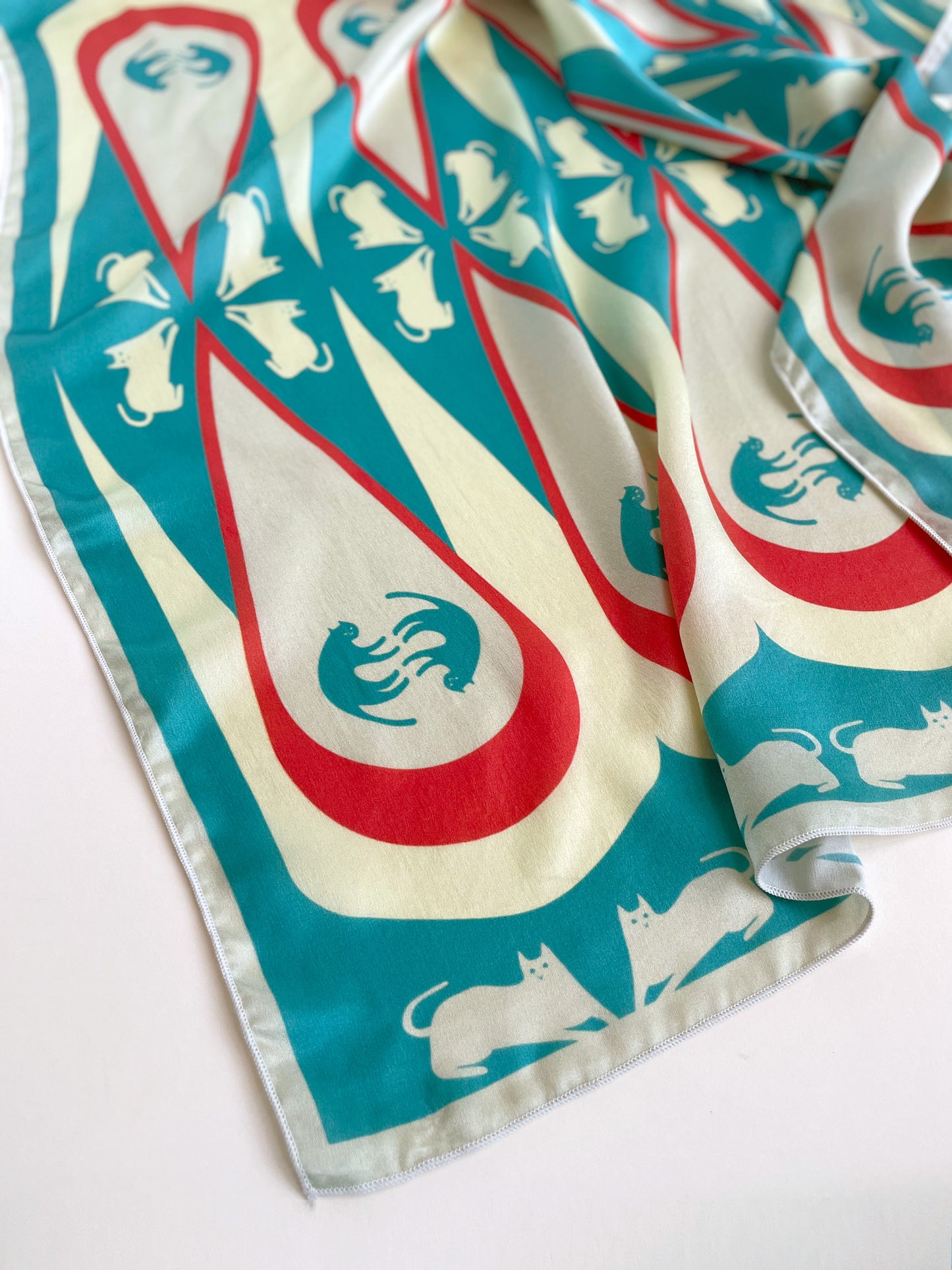 House Cheetah- limited edition cat silk scarf in blue and red retro