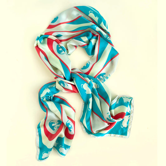 House Cheetah- limited edition cat silk scarf in blue and red retro