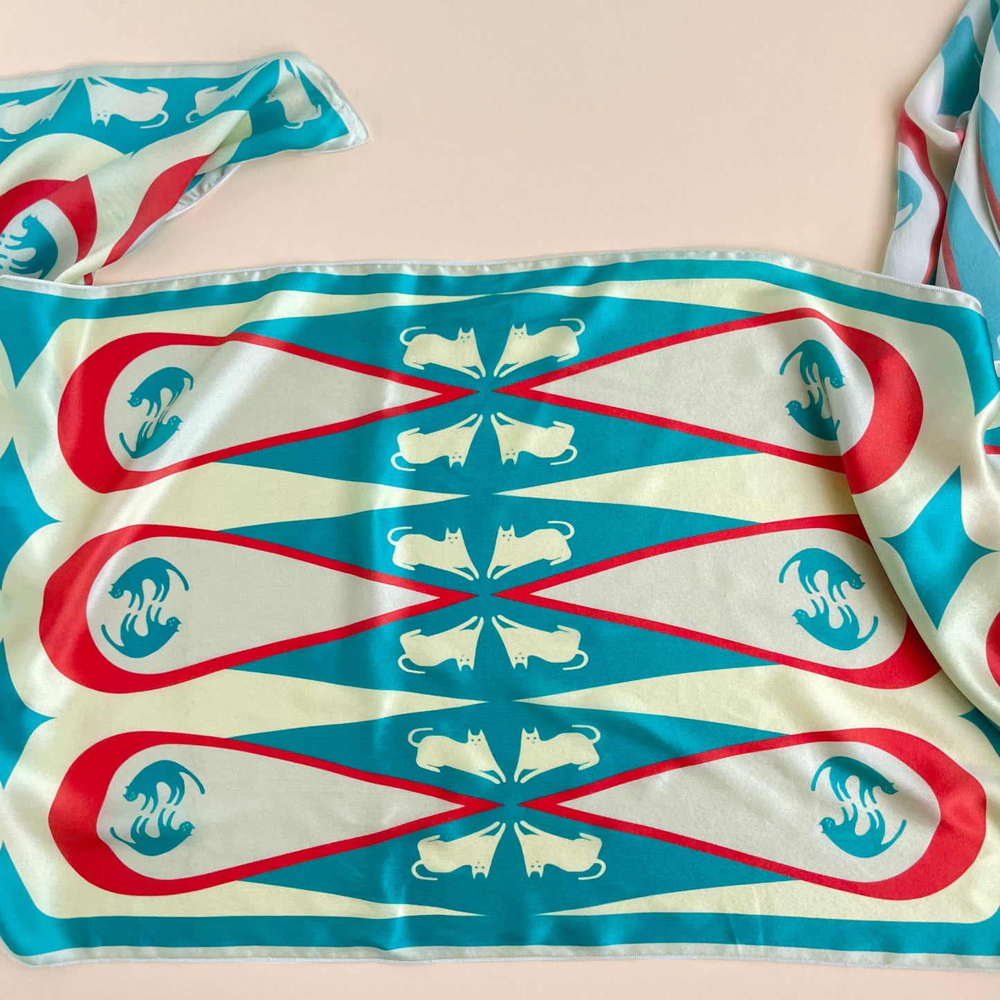 House Cheetah- limited edition cat silk scarf in blue and red retro