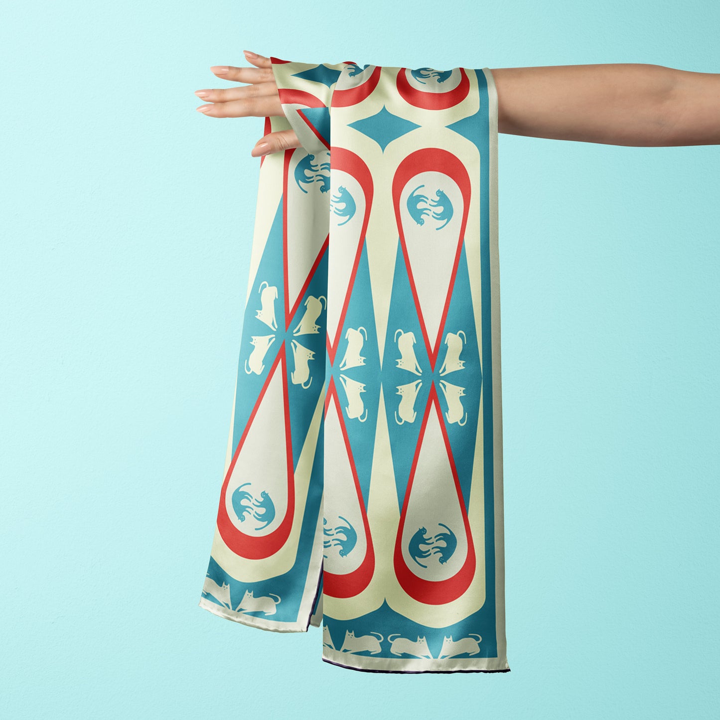 A cat motif geometric art deco inspired long silk scarf for design lovers and cat ladies