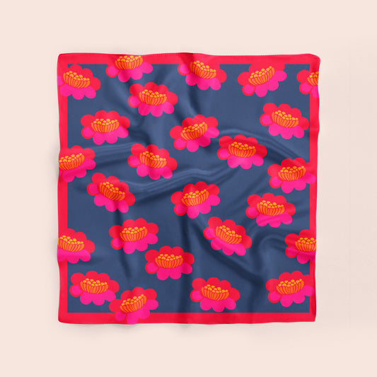 Hana - Japanese-inspired floral silk scarf in red, pink and navy blue