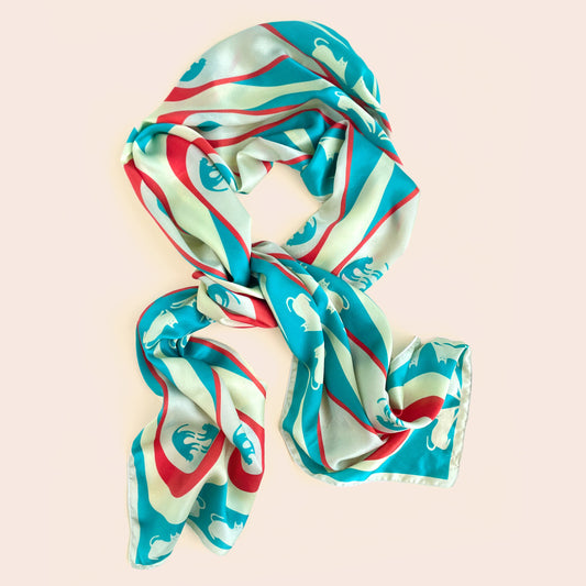 House Cheetah- limited edition cat silk scarf in blue and red retro