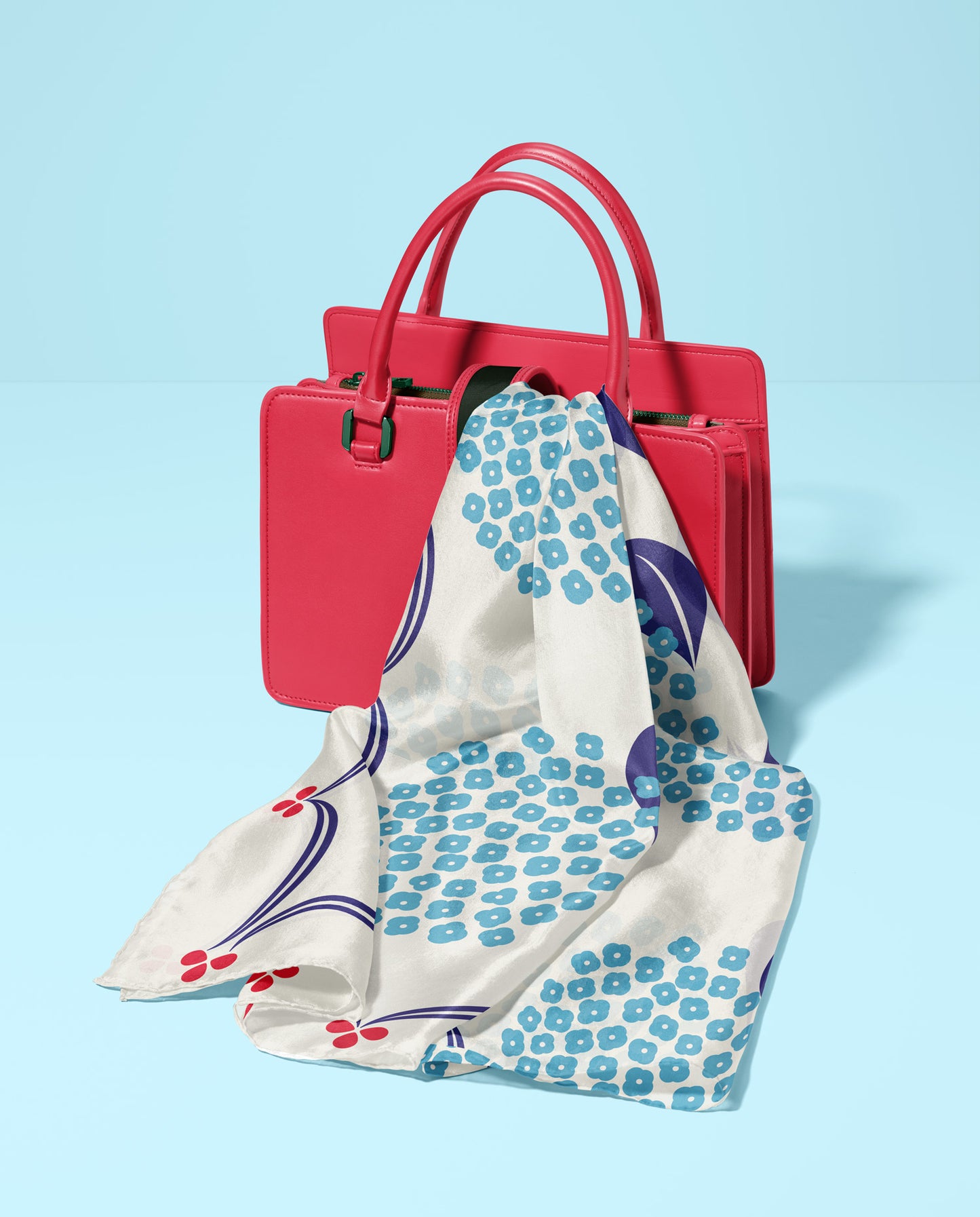 Ballad long silk scarf, blue floral on white with red ribbon border