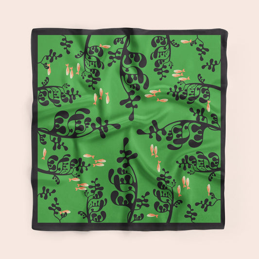 Under Water - Green silk scarf with little pink fish