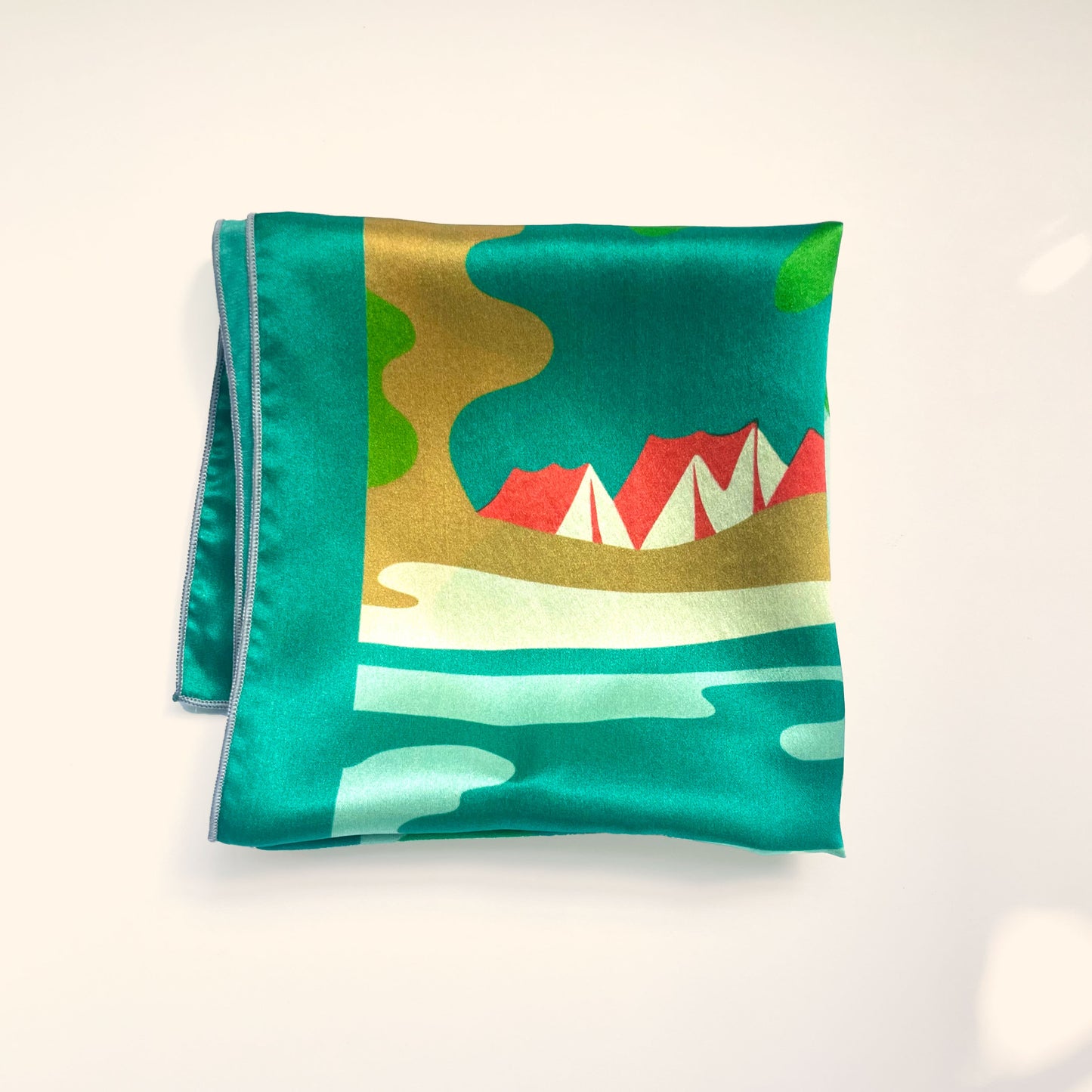 Private Listing for Laura - Camp -  square silk scarf. Retro lakeside camping scene in blues and greens