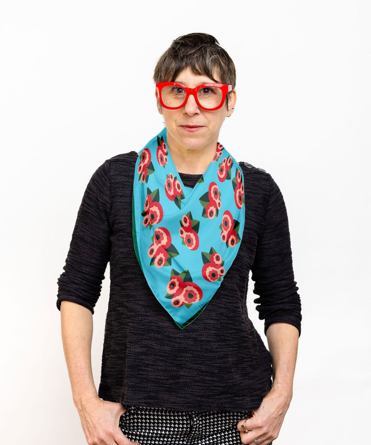 Deco Flowers  square silk scarf in aqua and pink