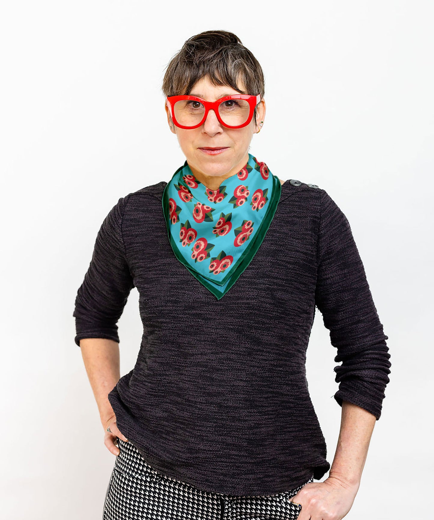 Deco Flowers  square silk scarf in aqua and pink