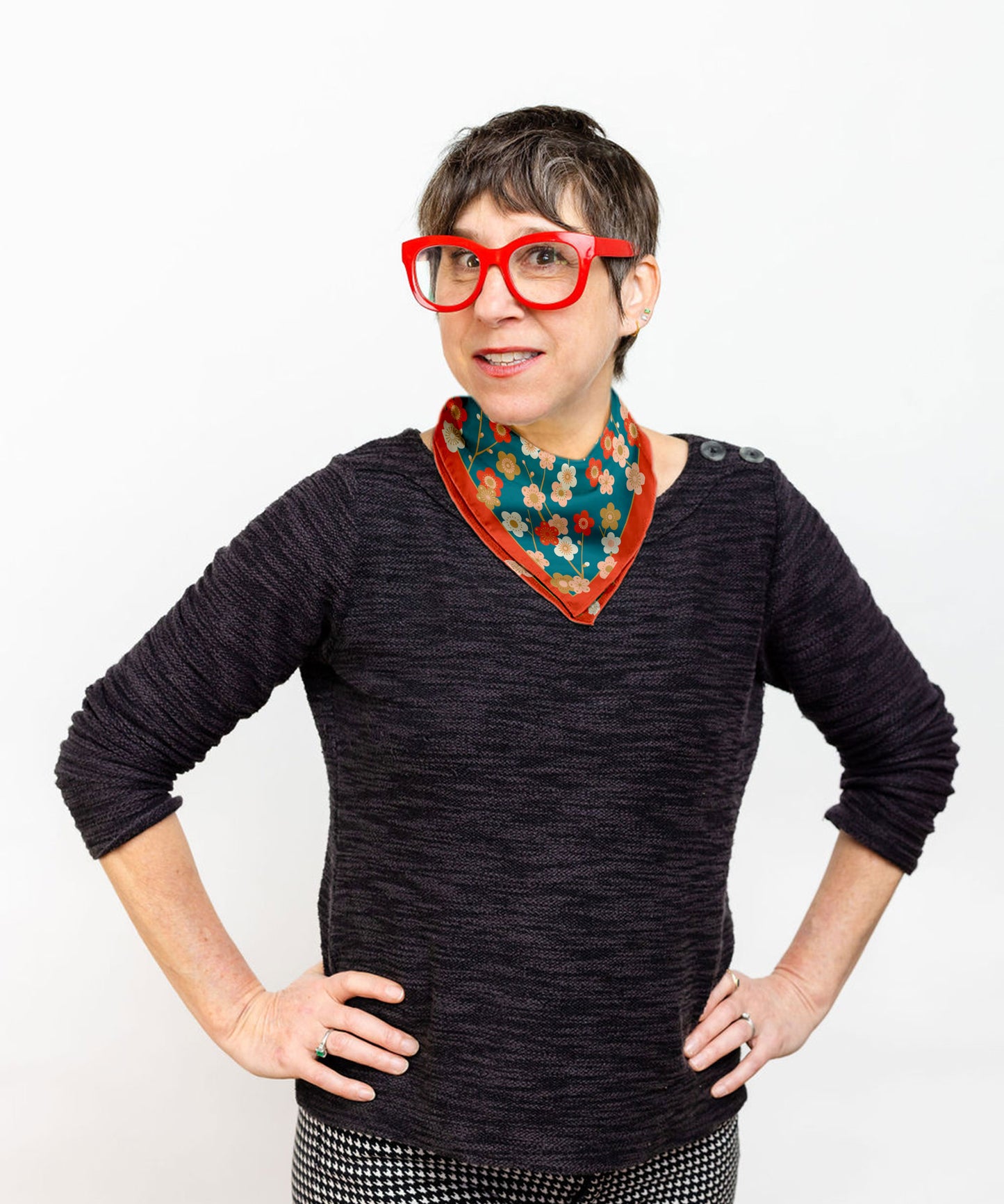 Origami square silk scarf in blue, pink and red