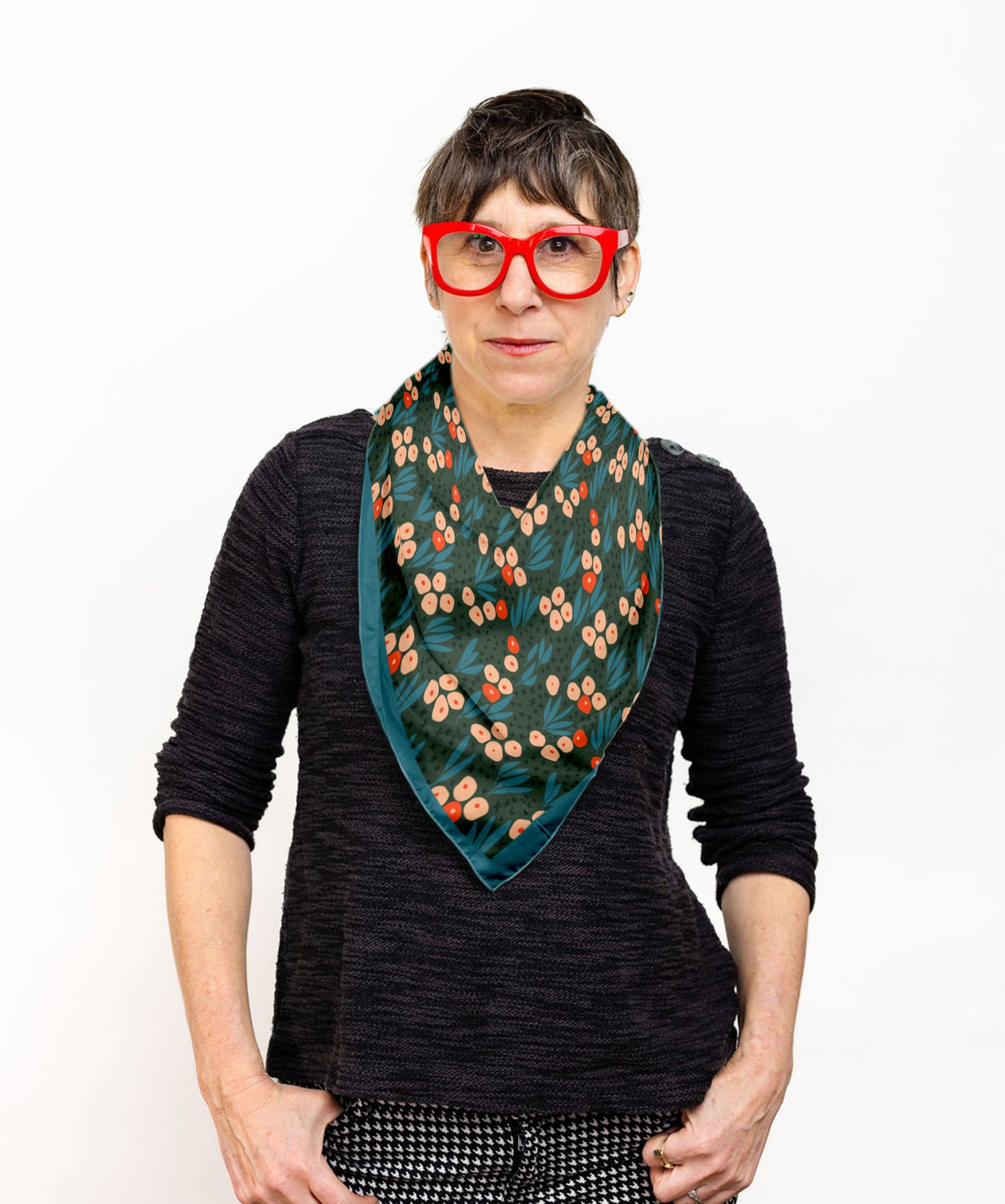 Scandi Garden square silk scarf in blue, green and orange