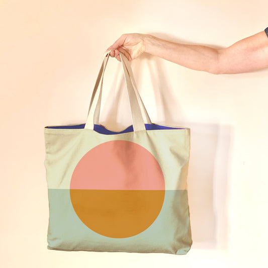 Colorblock print in gold, pink, and grey on this oversized every day canvas bag - great for travel, beach, market and more.