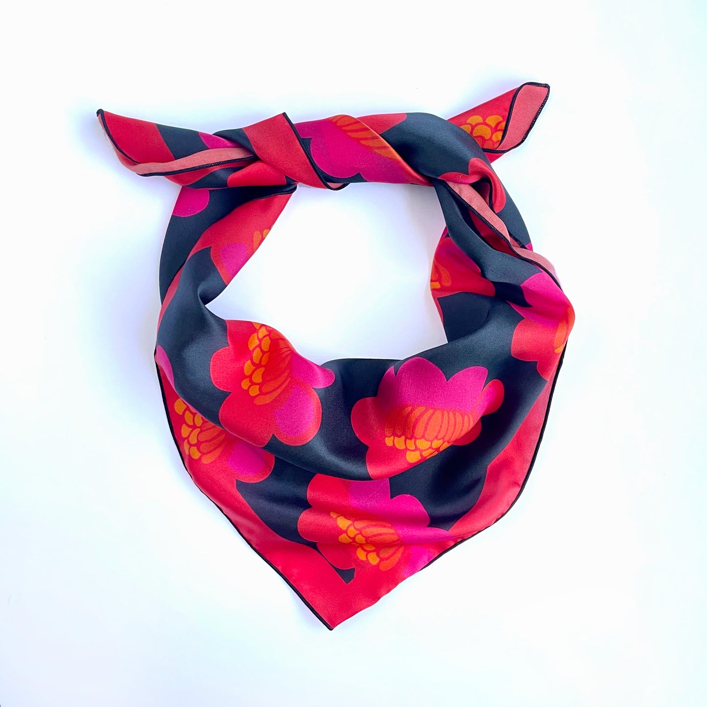 Hana - Japanese-inspired floral silk scarf in red, pink and navy blue