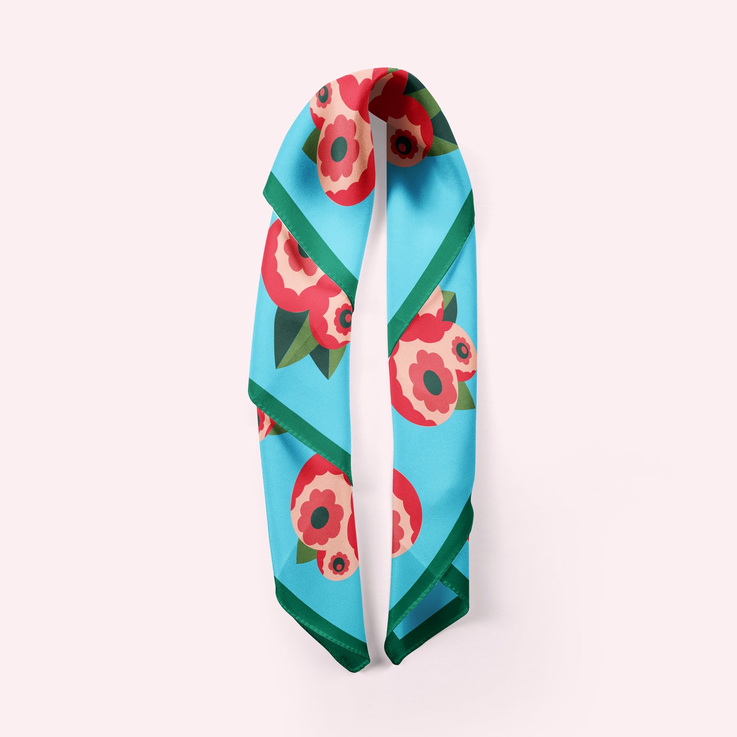 Deco Flowers  square silk scarf in aqua and pink