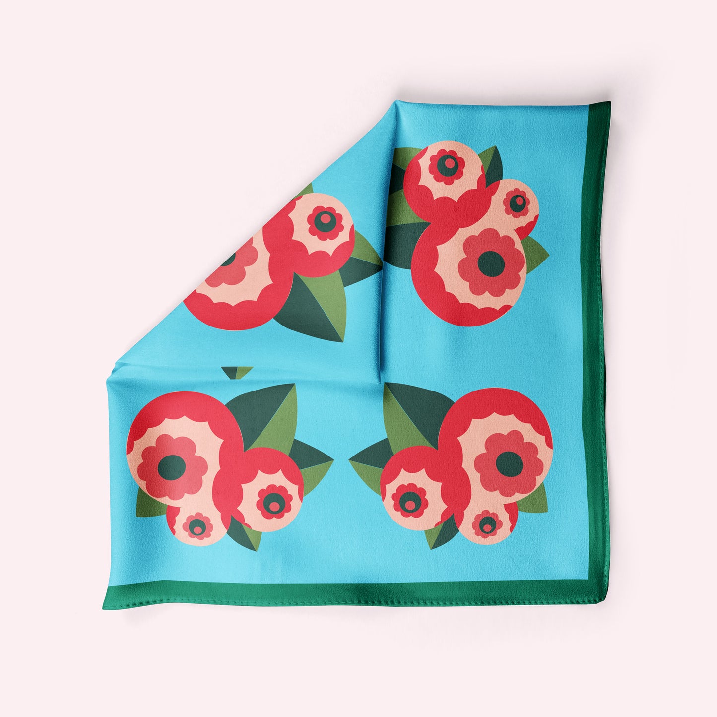 Deco Flowers  square silk scarf in aqua and pink