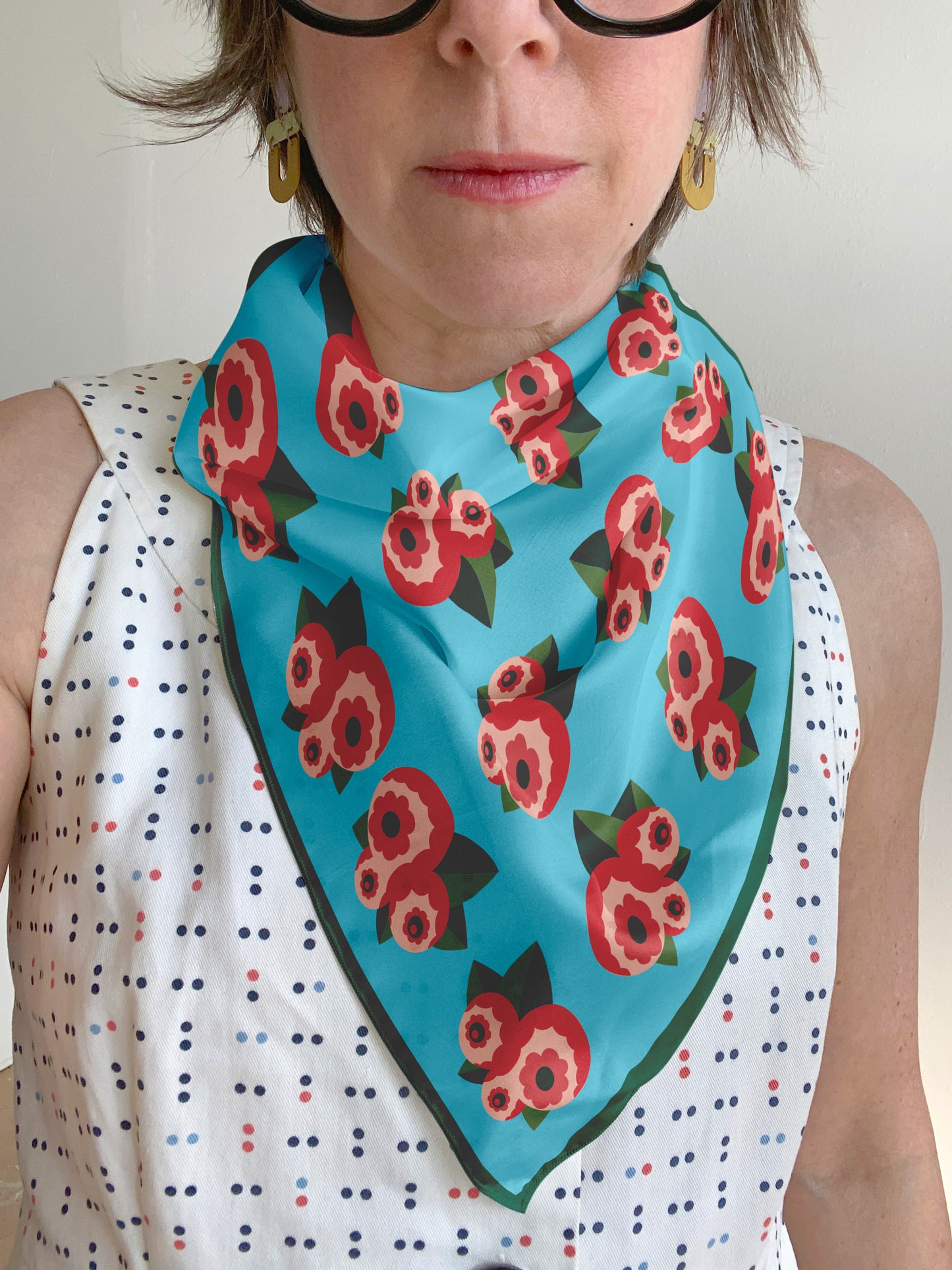 Deco Flowers  square silk scarf in aqua and pink