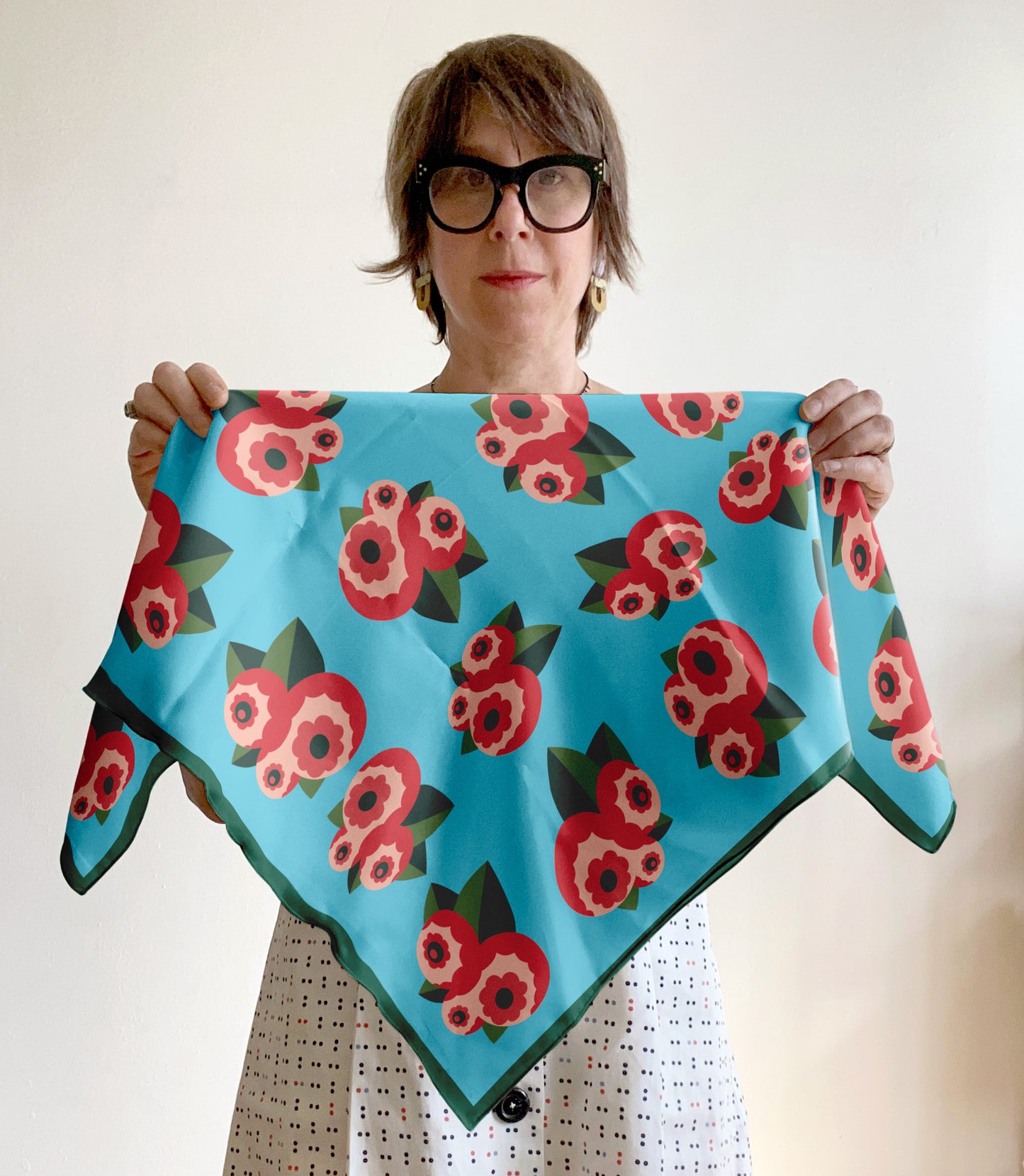 Deco Flowers  square silk scarf in aqua and pink