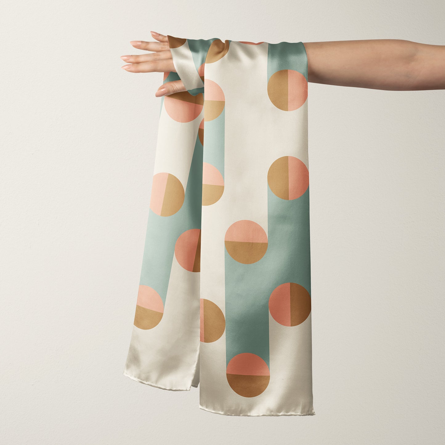 Luxury long 100% silk scarf in art deco inspired geometric print. With rich pink, grey, and gold, wear as a head scarf or bandana to add a designer touch to your outfit