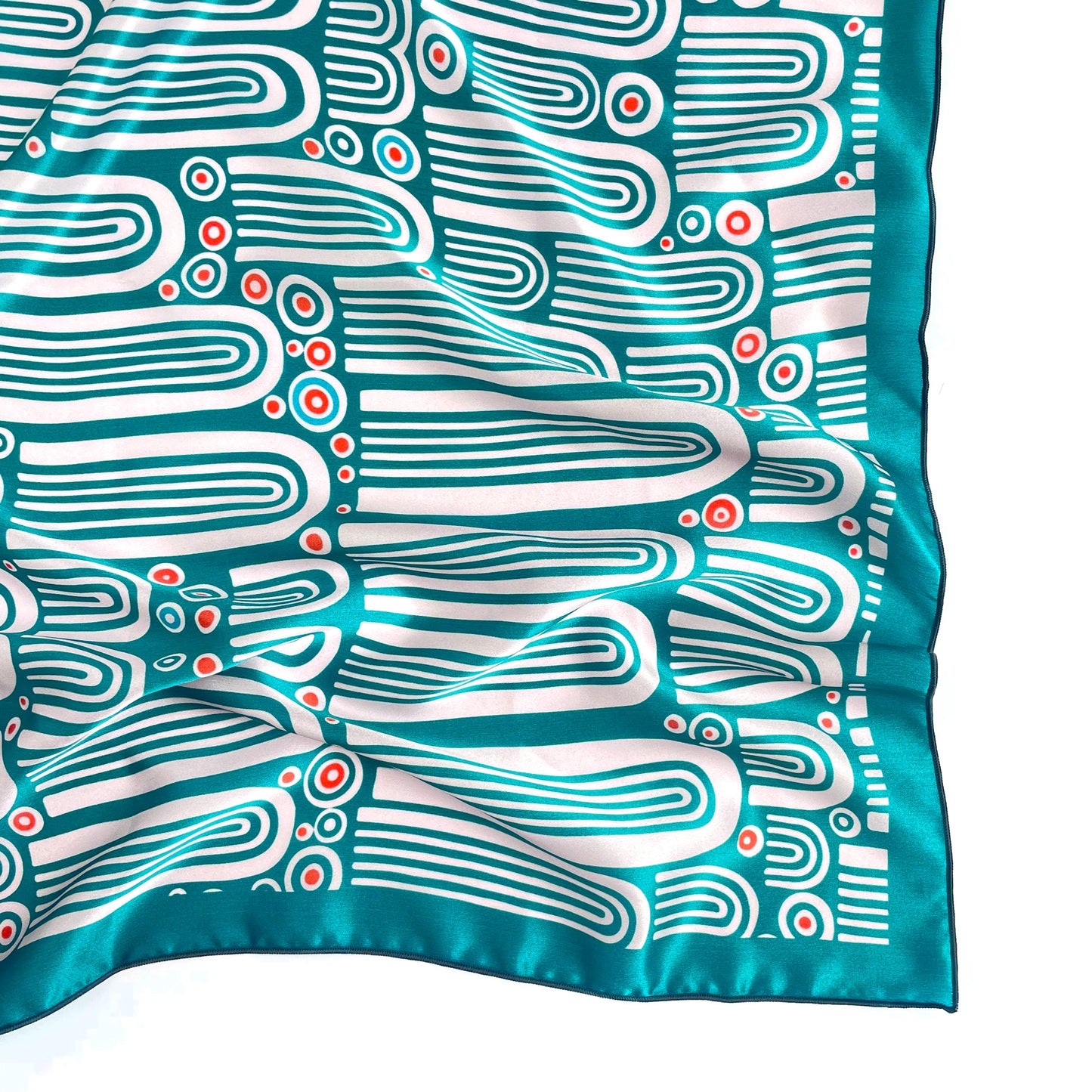 Tides - teal silk scarf with organic waves and rainbows