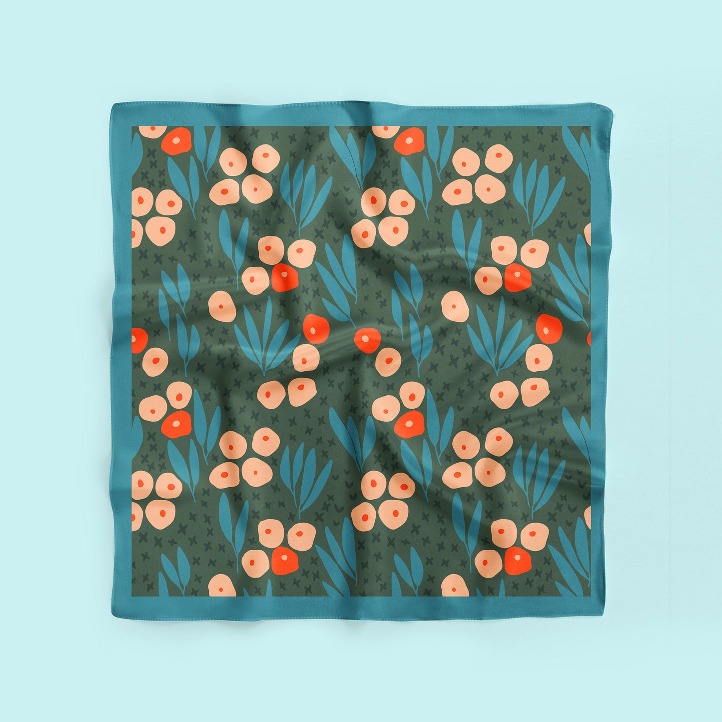 Scandi Garden square silk scarf in blue, green and orange