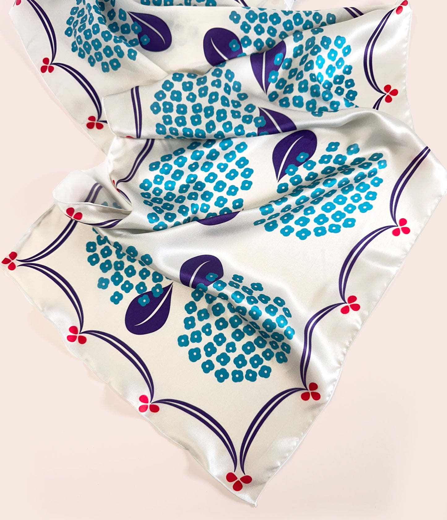 Ballad long silk scarf, blue floral on white with red ribbon border