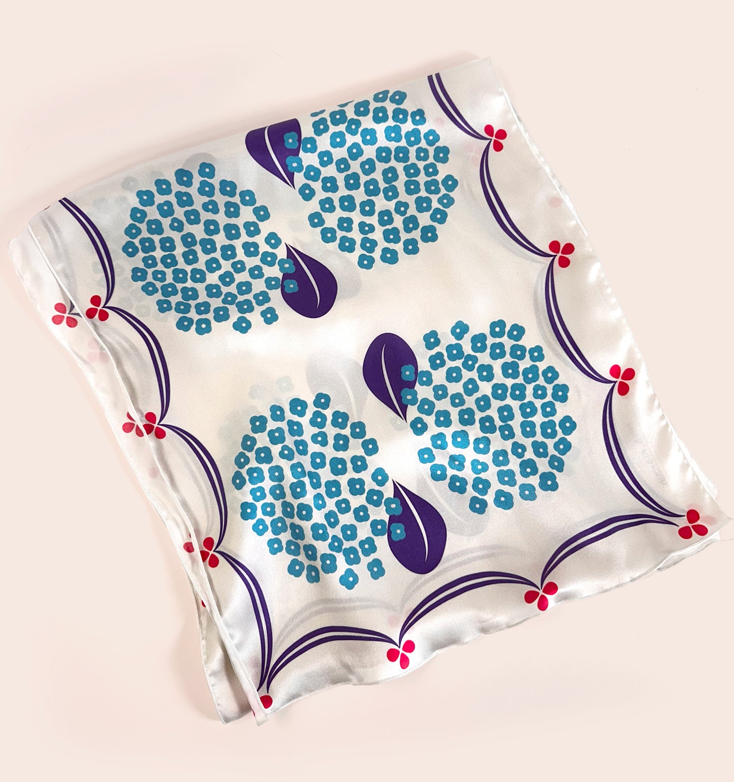 Ballad long silk scarf, blue floral on white with red ribbon border