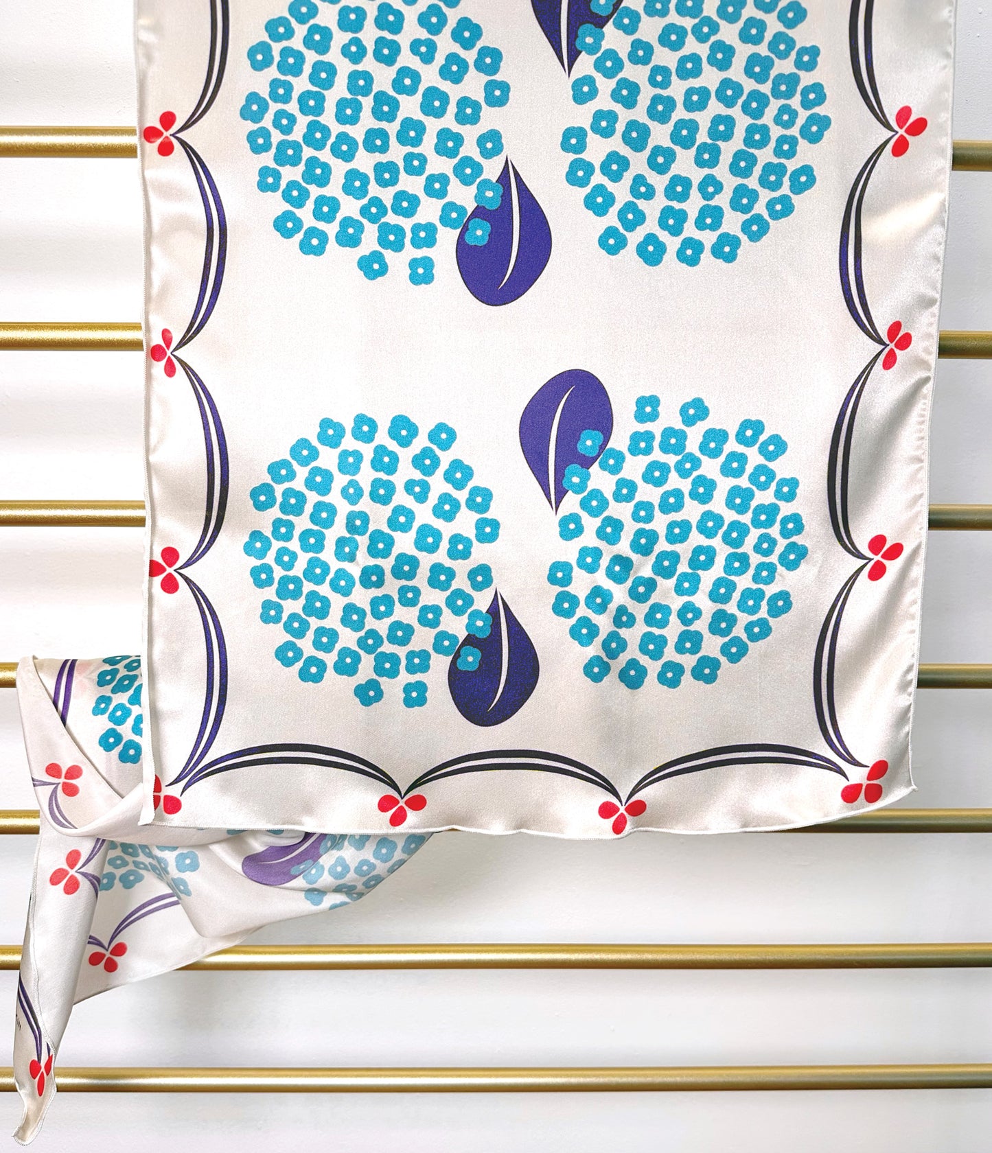 Ballad long silk scarf, blue floral on white with red ribbon border