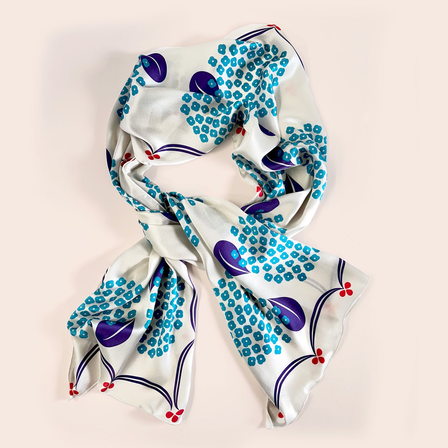Ballad long silk scarf, blue floral on white with red ribbon border