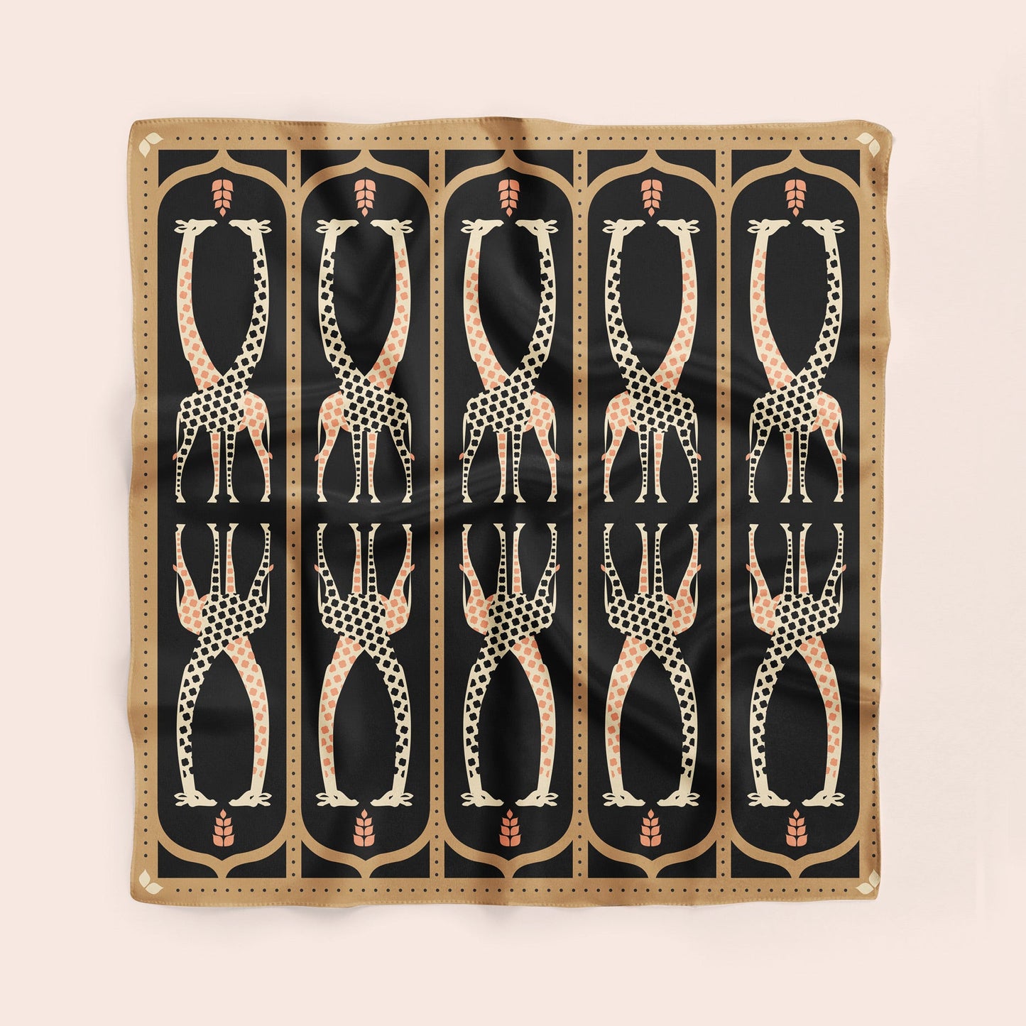 Camel Leopard - Art Deco giraffe square silk scarf in black and tan