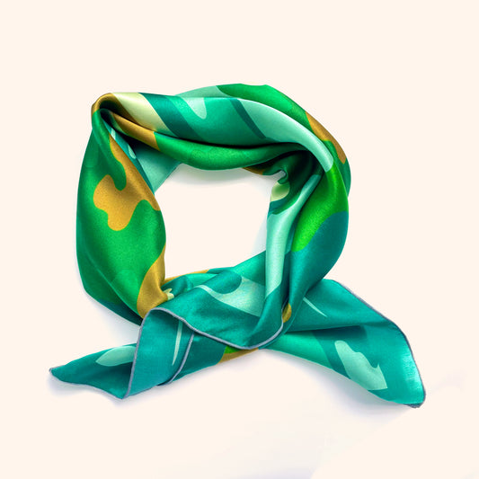 Camp -  square silk scarf. Retro lakeside camping scene in blues and greens