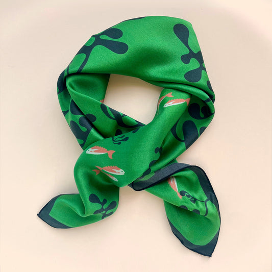 Under Water - Green silk scarf with little pink fish