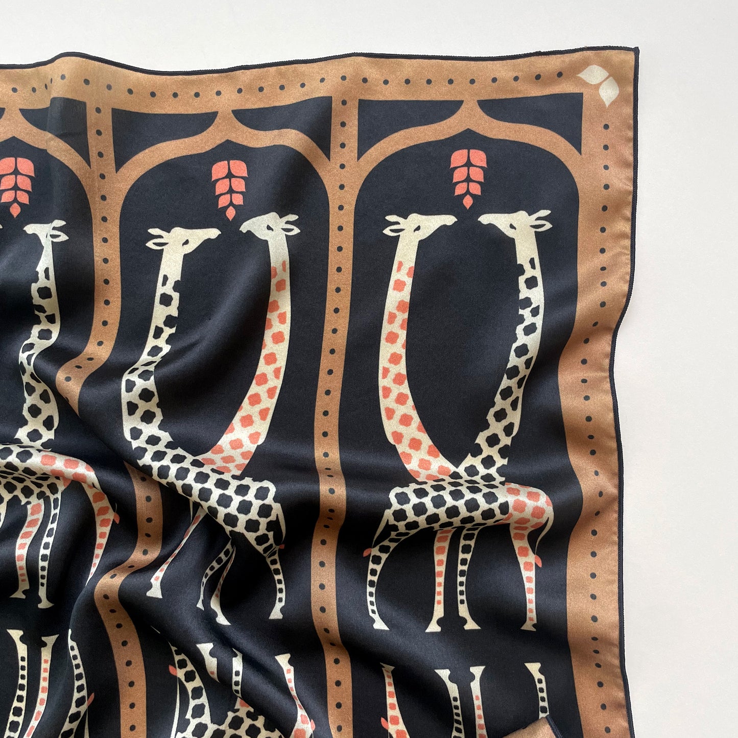 Camel Leopard - Art Deco giraffe square silk scarf in black and tan