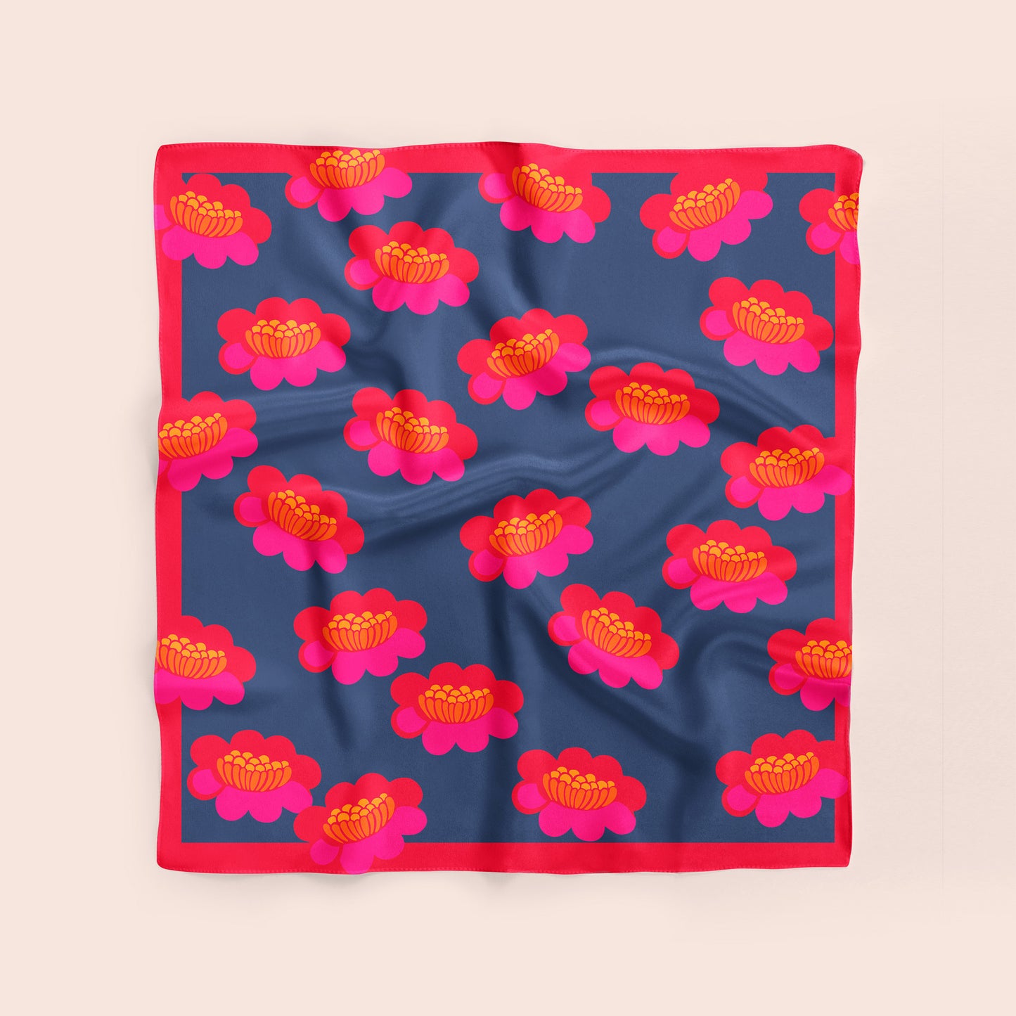 Hana - Japanese-inspired floral silk scarf in red, pink and navy blue