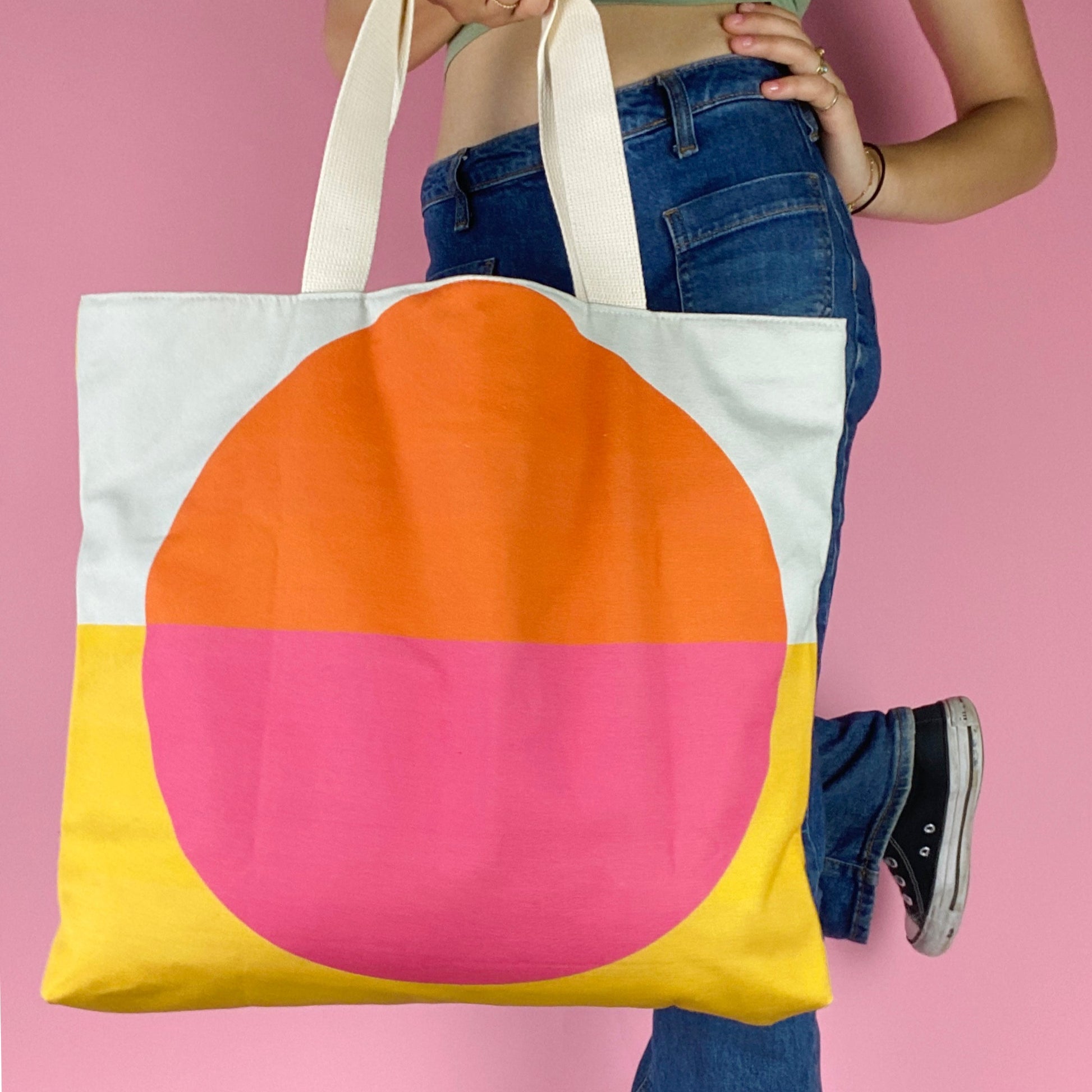 oversized canvas tote, colorful sunrise beach bag