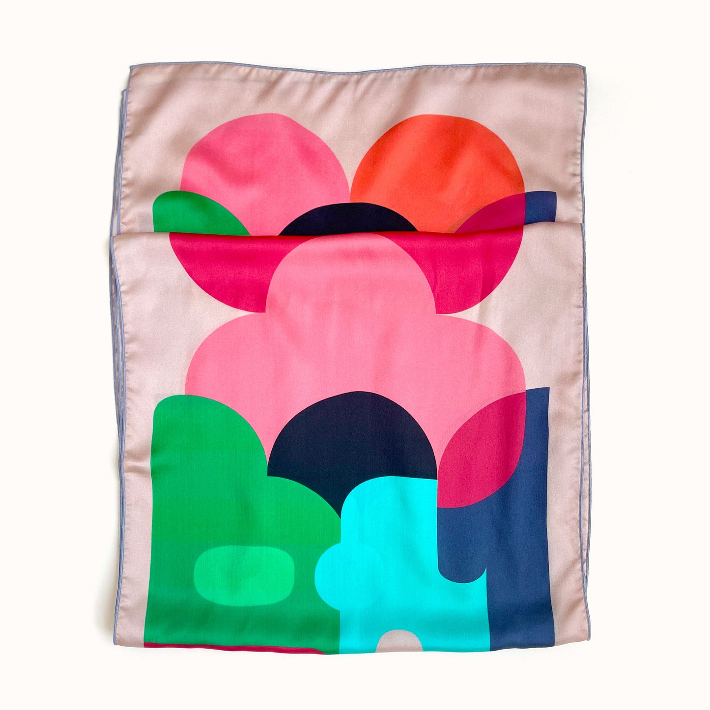Luxury silk scarf inspired by 1960s style. Bold colors make this a perfect match with any outfit. Wear as a neckerchief or hair wrap to elevate your outfit, try dopamine dressing.