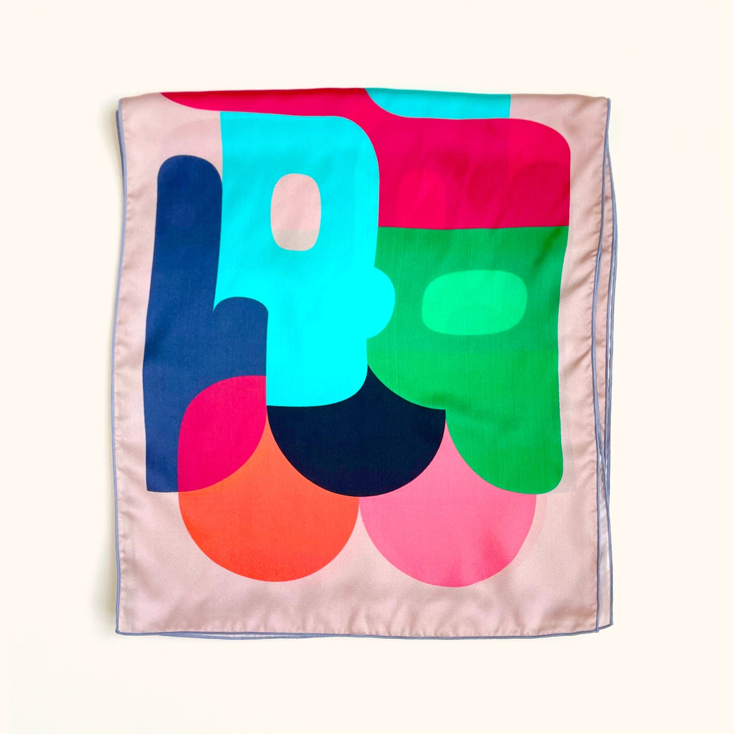 Luxe, long silk charmeuse scarf with 60s style abstract shapes and a mod vibe for dopamine dressing