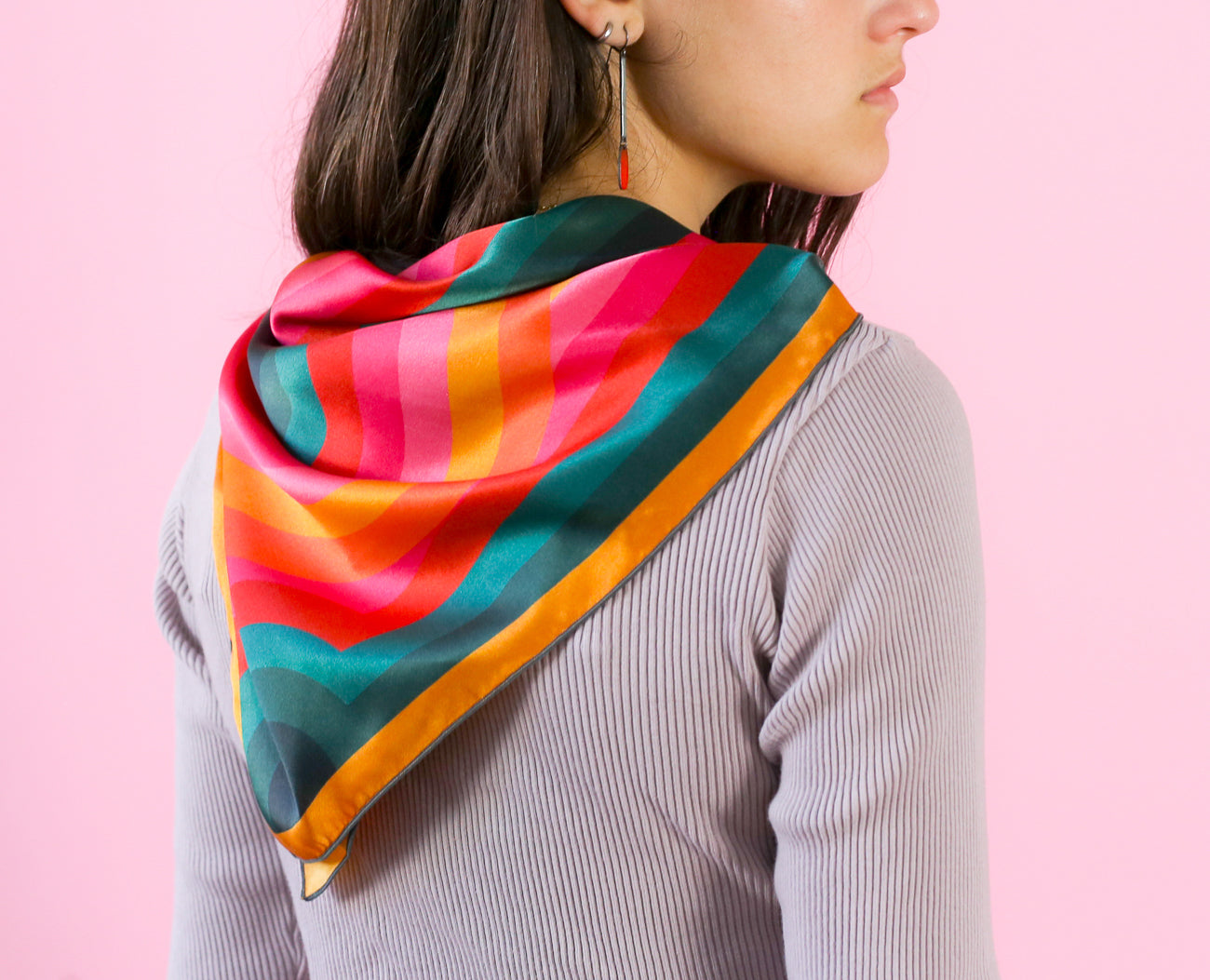 geometric square silk scarf in fall colors and bold lines