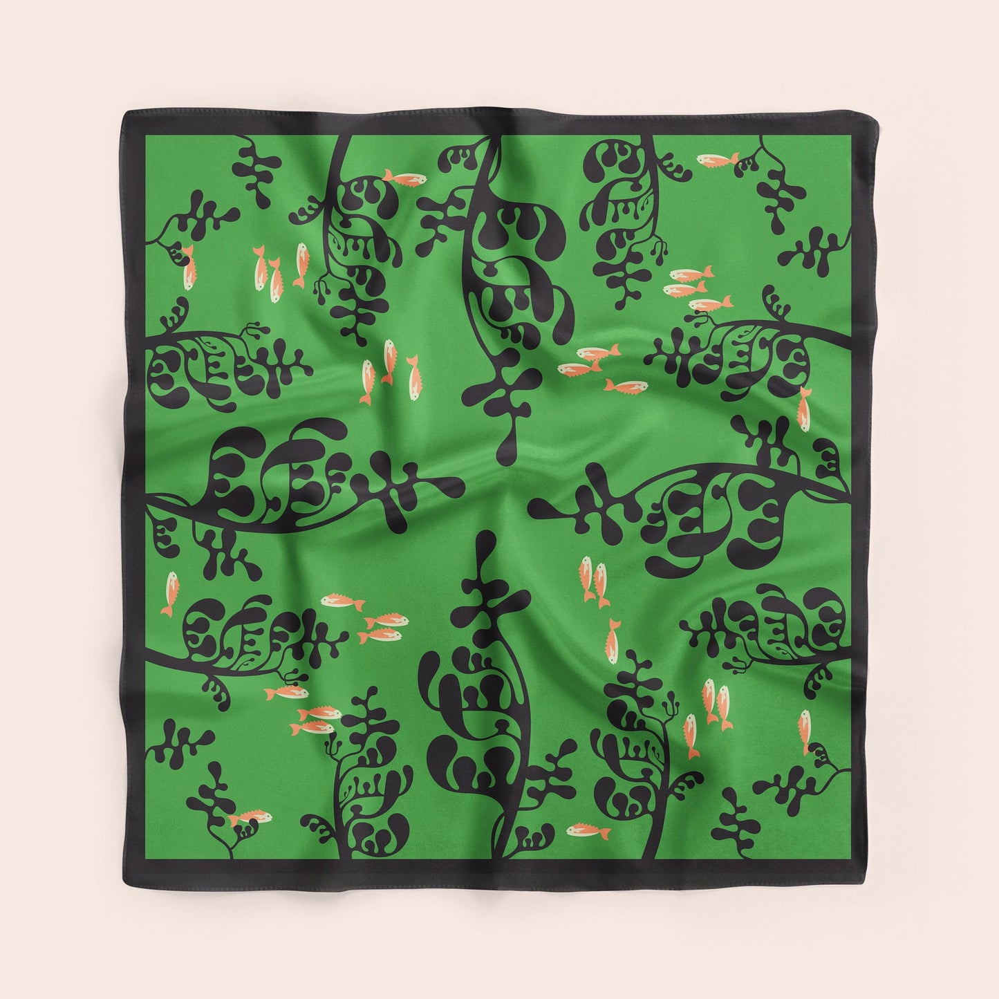 Under Water - Green silk scarf with little pink fish