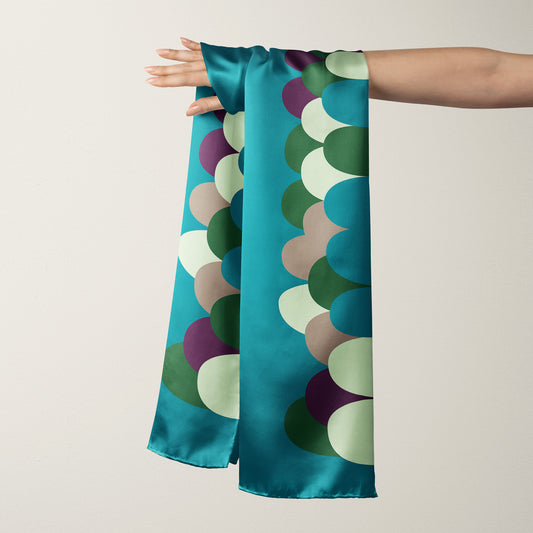Long 100% silk charmeuse scarf, in bold teals and creams, perfect as a neckerchief or bandana