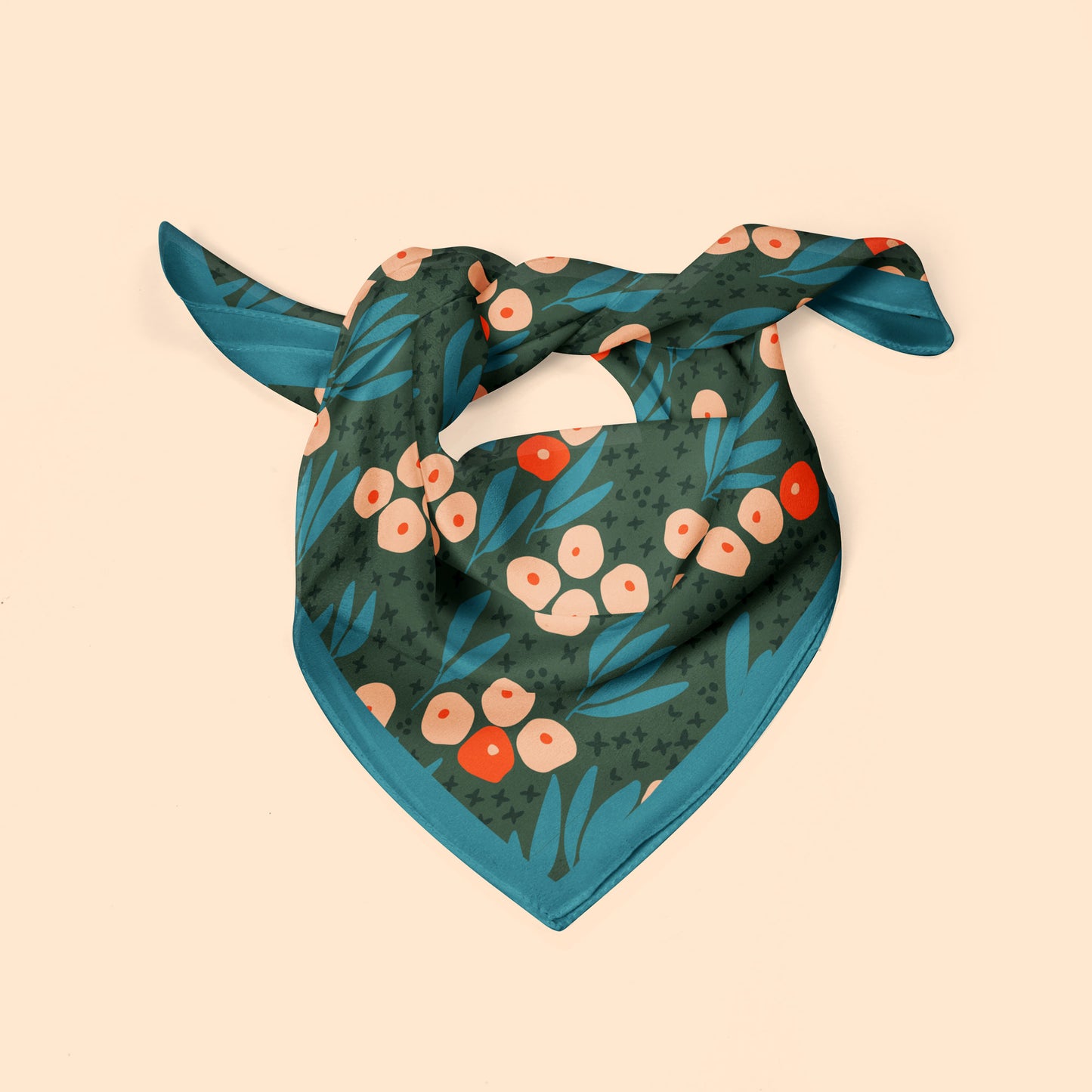 Scandi Garden square silk scarf in blue, green and orange