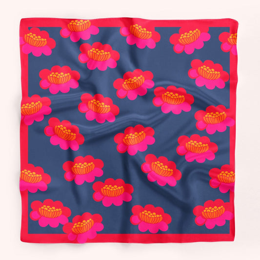 Hana - Japanese-inspired floral silk scarf in red, pink and navy blue